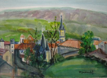 GAILLARDOT Pierre, 1910-2002 Le clocher, aquarelle, signée en bas à droite, 47x64...