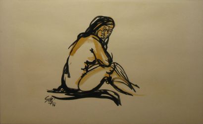 GELLI, XXe, Nu assis, 1970 aquarelle et encre de Chine, signée et datée en bas à...