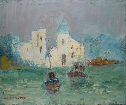 GIRARDIN Henri Gilles, XXe Les bateaux devant l'église, peinture sur toile, signée...