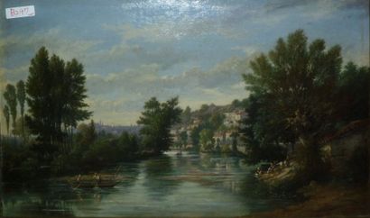 GOBAUT Gaspard (1814-1882) Bord de rivière aux lavandières et pêcheurs, 1869 Huile...