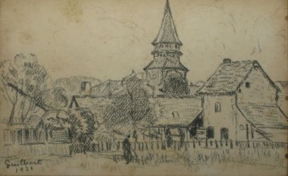 GUILBERT Narcisse, 1878-1942 Vue d'un village, 1951, crayon noir (rousseurs), signé...