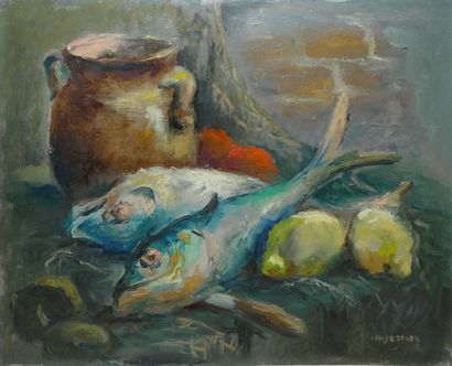 HINSBERGER Alexis, 1907-1996 Nature morte aux poissons, huile sur toile (craquelures),...