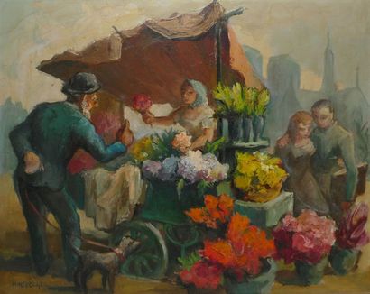 HINSBERGER Alexis, 1907-1996 La marchande de fleurs, huile sur toile (petites craquelures),...