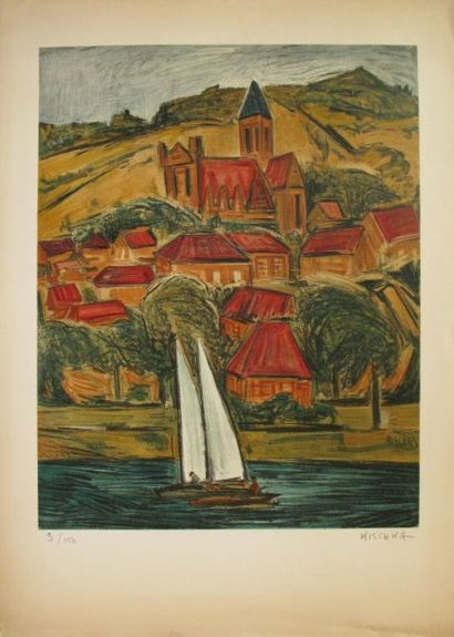 KISCHKA Isis, 1908-1973 Voiliers et village, lithographie en couleurs n°3/150 (traces...