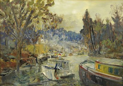 KOROVINE Alexis, né en 1928 Chemin de halage à Issy les Moulineaux, huile sur isorel...