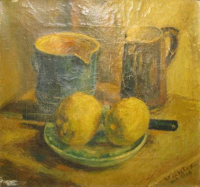 LA VETUZ, XXe Nature morte aux citrons, oct. 1946, huile sur toile (craquelures importantes...