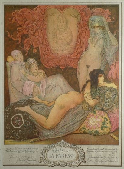 LAMBERT André, 1884-1967 Les sept péchés capitaux, la Paresse, 1918, gravure en couleurs,...