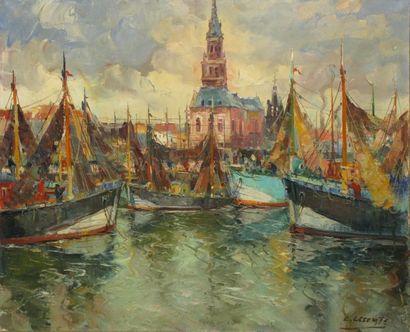 LECOMTE Léopold, 1890-1963 Port de pêche, huile sur toile, signée en bas à droite,...