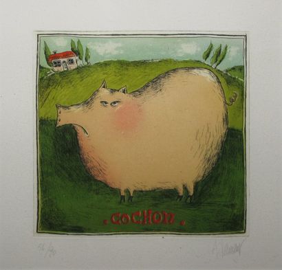 LEMANT Albert, né en 1953 Cochon, eau-forte en couleurs n°56/90, signée en bas à...