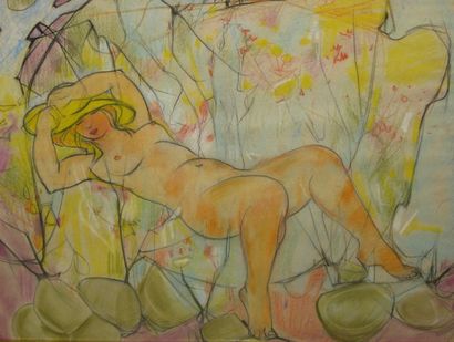 LÉONARD Maurice, 1899-1971 La sieste, 1960, crayon et crayons de couleurs, signé...