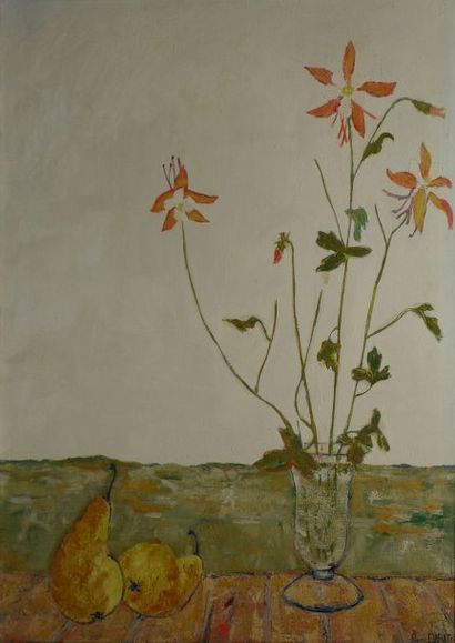 BARAT Pierre, né en 1935 Bouquet aux deux poires, 1955, huile sur toile (craquelures),...