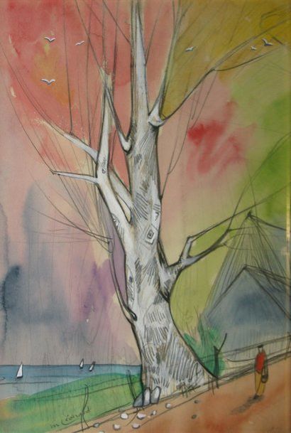 LÉONARD Maurice, 1899-1971 L'arbre blanc, mine de plomb et aquarelle, signé en bas...
