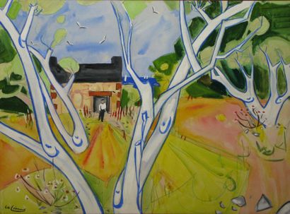 LÉONARD Maurice, 1899-1971 Les arbres bleus, 1956, technique mixte sur papier marouflé...