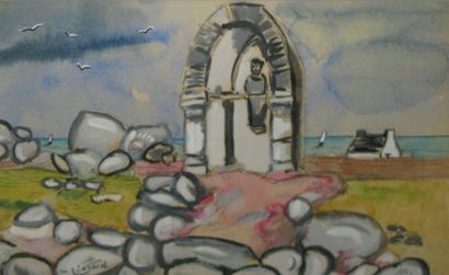 LÉONARD Maurice, 1899-1971 Calvaire en Bretagne, aquarelle gouachée, signée en bas...