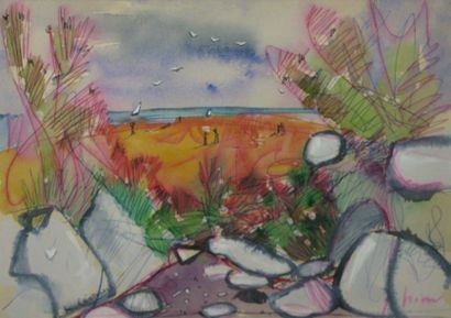 LÉONARD Maurice, 1899-1971 La plage, stylo bille et aquarelle, signé en bas à gauche,...