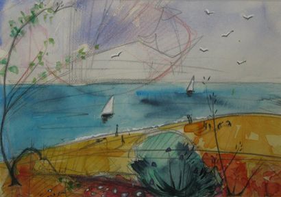 LÉONARD Maurice, 1899-1971 Buisson en bord de mer, crayon et aquarelle, signé en...
