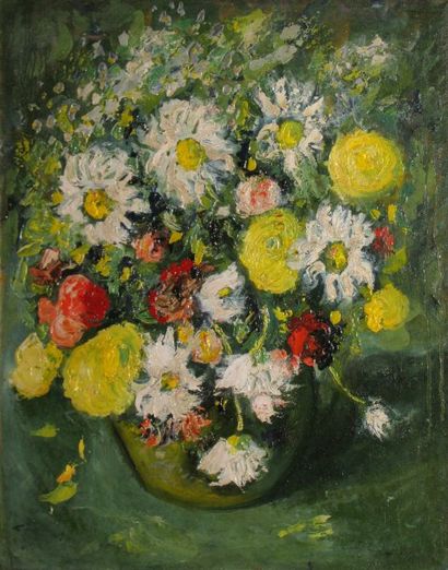 MANGE José, 1866-1935 Bouquet au fond vert, huile sur toile, signée en bas à droite,...