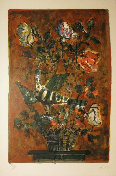 AIZPIRI Paul, né en 1919 L'oiseau dans la corbeille de fleurs, lithographie en couleurs...
