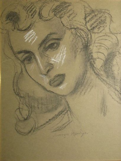 MARCHOU Georges, 1892-1984 Visage féminin, fusain et craie, signé en bas à droite,...