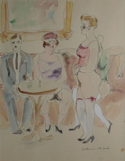 BERTHOMMÉ-SAINT-ANDRÉ Louis, 1905-1977 Les filles au salon, aquarelle (rousseur),...