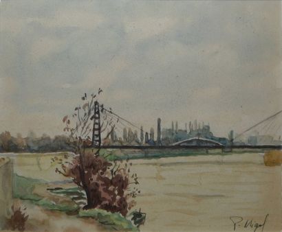 MIGAL P., XXe Rivière au pont suspendu, aquarelle (rousseurs), signée en bas à droite,...