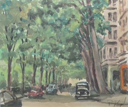 MIGAL P., XXe Avenue ombragée, aquarelle, signée en bas à droite, 16,5x19,5 cm.