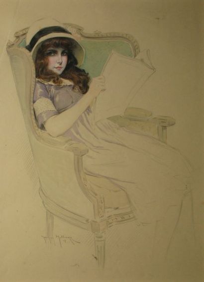 MILLIÈRE Maurice, 1871-1946 Jeune lectrice au chapeau, 1912, aquarelle (rousseurs,...