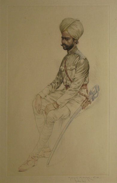 MILLIÈRE Maurice, 1871-1946 Militaire oriental assis, Rouen, 1917, eau-forte en couleurs...