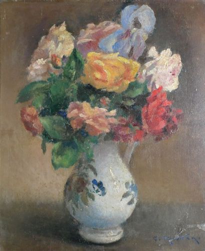 MORVAN Georges Frédéric, 1885-1968 Roses et iris, huile sur panneau (griffures),...