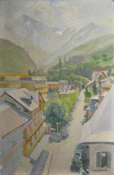PAVIL Lina, XXe siècle Vue de Brides-les-Bains, huile sur carton (petit accident),...