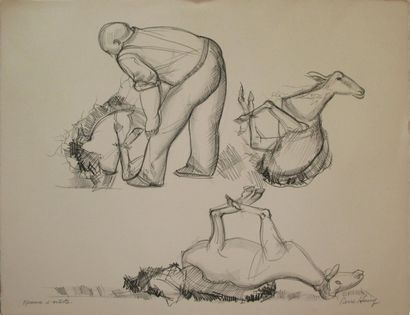 PIERRE-HENRY, né en 1924 Paysan et moutons, lithographie en noir, épreuve d'artiste,...