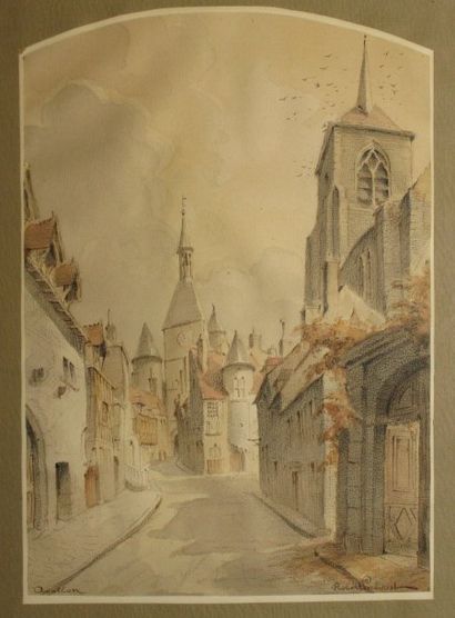 PRÉVOST Robert, né en 1893 Avallon, la tour de l'Horloge vue de la rue Bocquillot,...