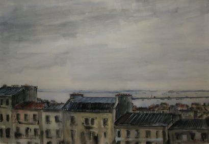 RÉMON Jean-Pierre, né en 1928 Des toits devant la mer, aquarelle gouachée, signée...