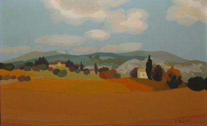 ROUX Pierre, né en 1920 Champs devant les collines, huile sur toile, signée en bas...