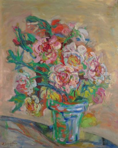 SOURDILLON Berthe, 1895-1976 Le pot de fleurs vert, 1958, huile sur toile, signée...