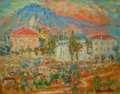SOURDILLON Berthe, 1895-1976 Vue d'un village de Provence, huile sur papier marouflé...