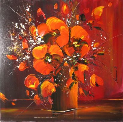 TRAMONI Olivier, né en 1973 Le bouquet rouge, peinture sur toile, signée en bas vers...
