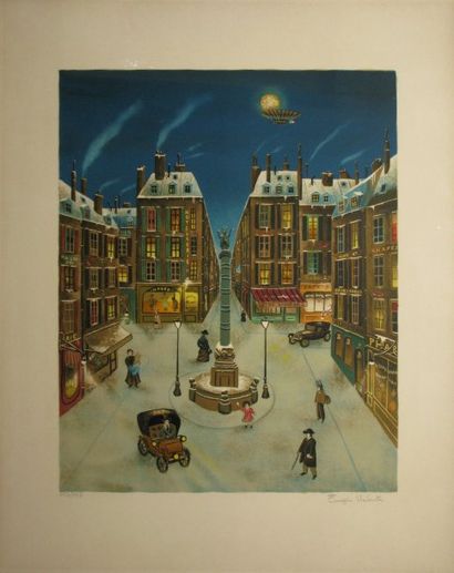 VALENTIN Eugène, XXe siècle Place sous la neige, lithographie en couleurs n°113/225,...