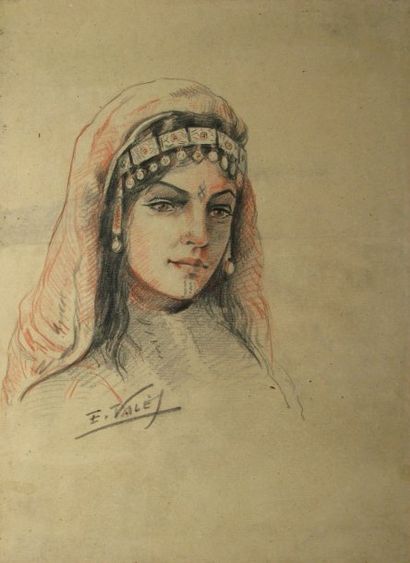 VALÈS Edmond, 1918-2001 Femme kabyle, dessin aux crayons de couleurs (taches), signé...