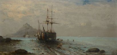 BONHEUR Ferdinand, 1817-1887 Débarquement à marée basse, huile sur panneau, signé...