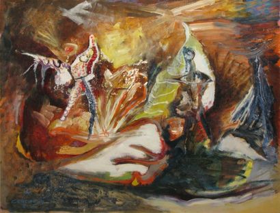 CHENARD Christian, 1918-2002 La cage aux monstres, juin 1954, huile sur toile, signée...