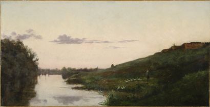 DAUBIGNY Charles François, 1817-1878 L'aube, paysanne et ses canards, huile sur toile...