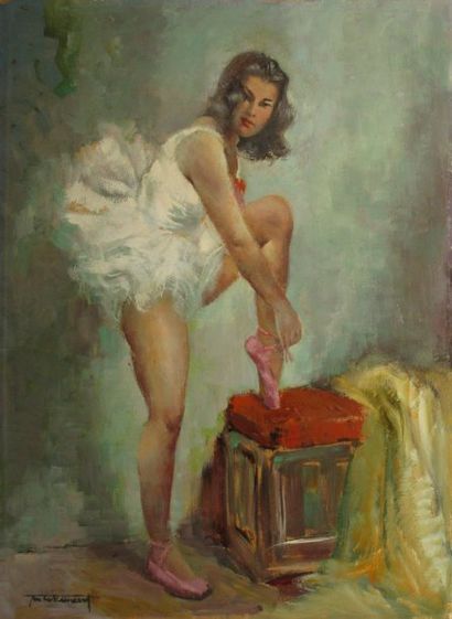ÉCOLE MODERNE Ballerine attachant son chausson, huile sur carton, signature peu lisible...