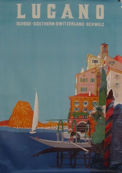 null 2 Affiches SUISSE non entoilées : - Lugano (bateau sur lac) 90 x 125 cm. - avant...
