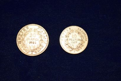 null 2 pièces en or 10 francs et 20 francs " Napoléon tête nue " 

( 1 x 1858 A ;...