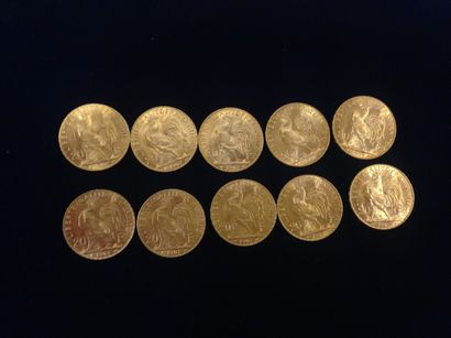 null 10 pièces en or 20 francs " Coq " ( 10 x 1907 ) (très bel état)