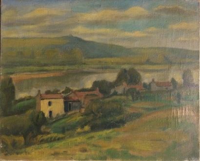 DELTOMBE Paul (1878-1971) Les maisons près du fleuve 

Huile sur toile (petit accident),...