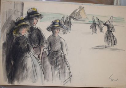 FERNEL Fernand (1872-1934) Les demoiselles aux chapeaux

Aquarelle gouachée (insolation),...