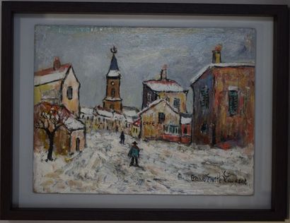 LAURENT Bruno Emile (Né en 1928) Village d'Argonne sous la neige

Huile sur panneau,...