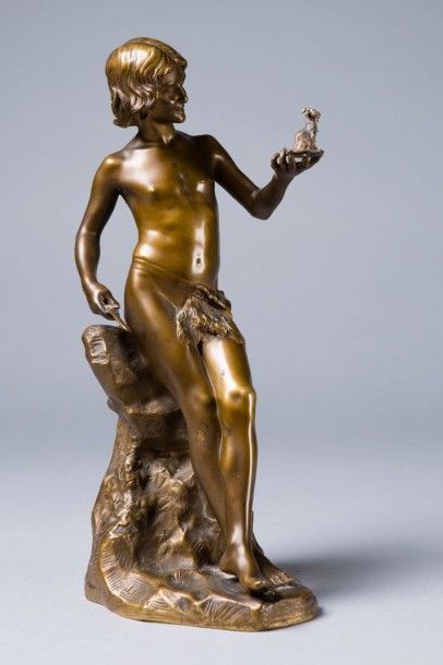 LORIEUX Julien, 1876-1915 Jeune pâtre sculptant une chèvre

Bronze à patine médaill...